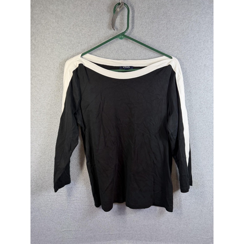 Chaps Shirt Womens XL Black Colorblock‎ Boat Neck 3/4 Sleeve Lace Up Strap Top